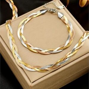 Stainless Steel Necklace Herringbone braided Tri-Colour Flat snake Chain 2 Pcs.